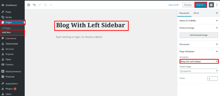 select Blog With Left Sidebar template