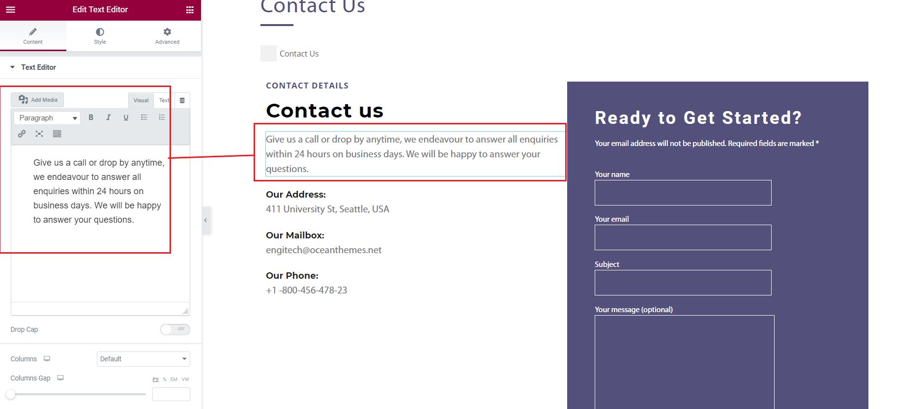 select Contact Page template