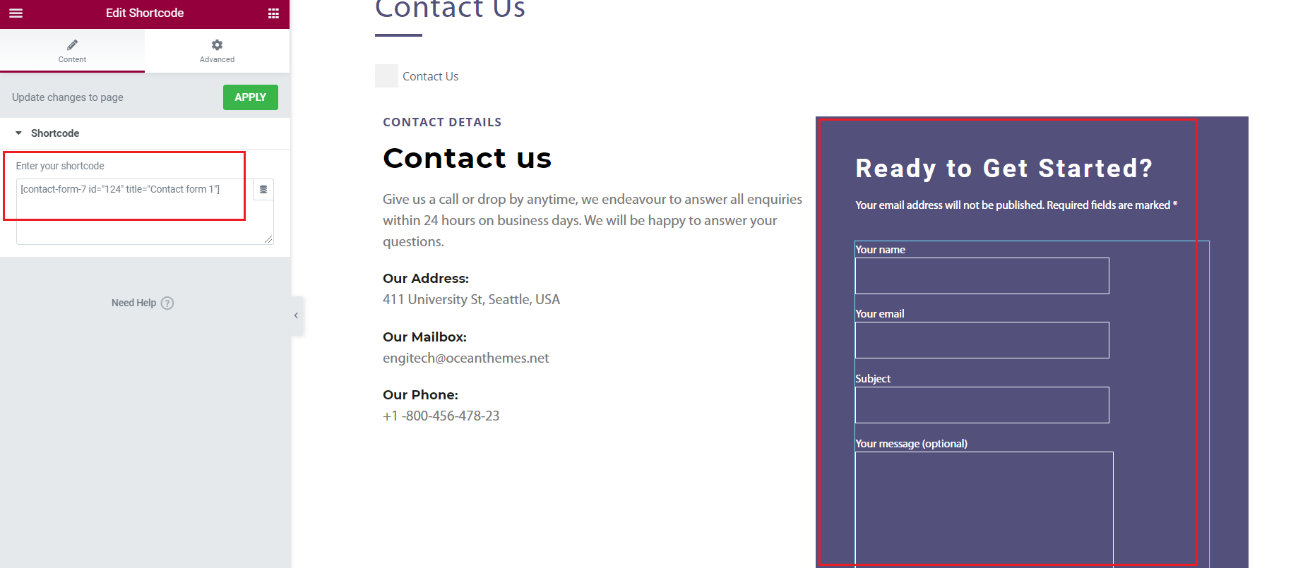 select Contact Page template