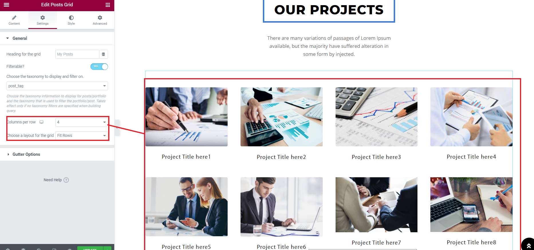 set Our Projects Section