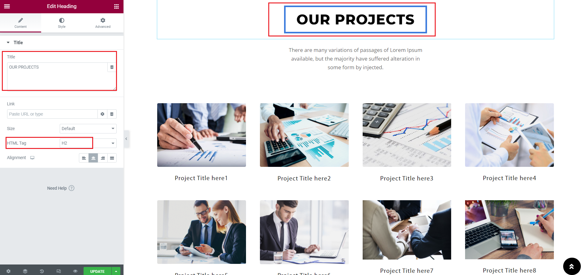 set Our Projects Section