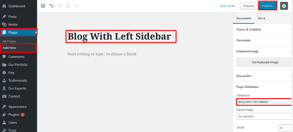 select Blog With Left Sidebar template