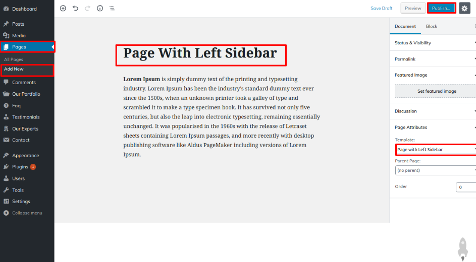 select Page With Left Sidebar template