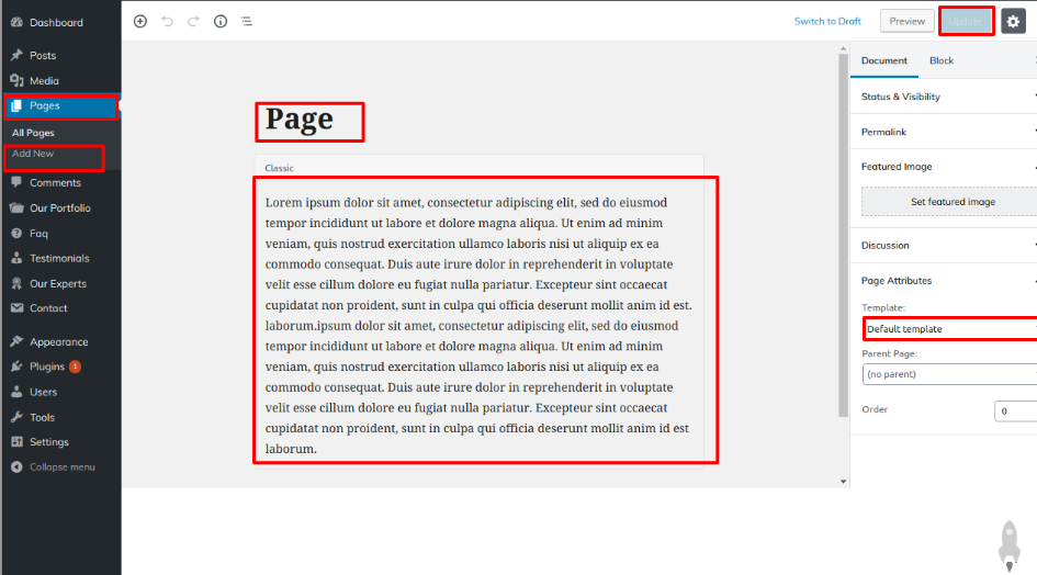 select Full Width Page template